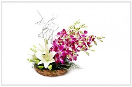 fantastic Basket of 2 White Lilies N 6 Orchids