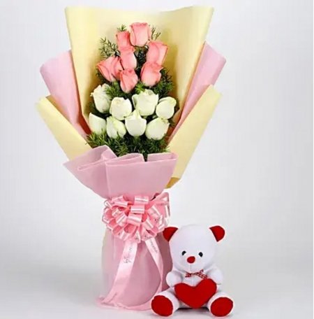 Pink & White Roses with Teddy Bear Combo