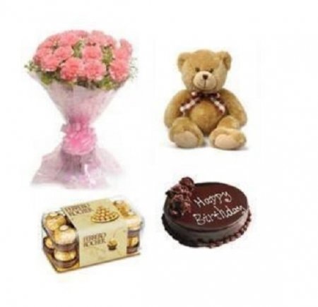 Carnations, Teddy, Chocolate and Cake Combo